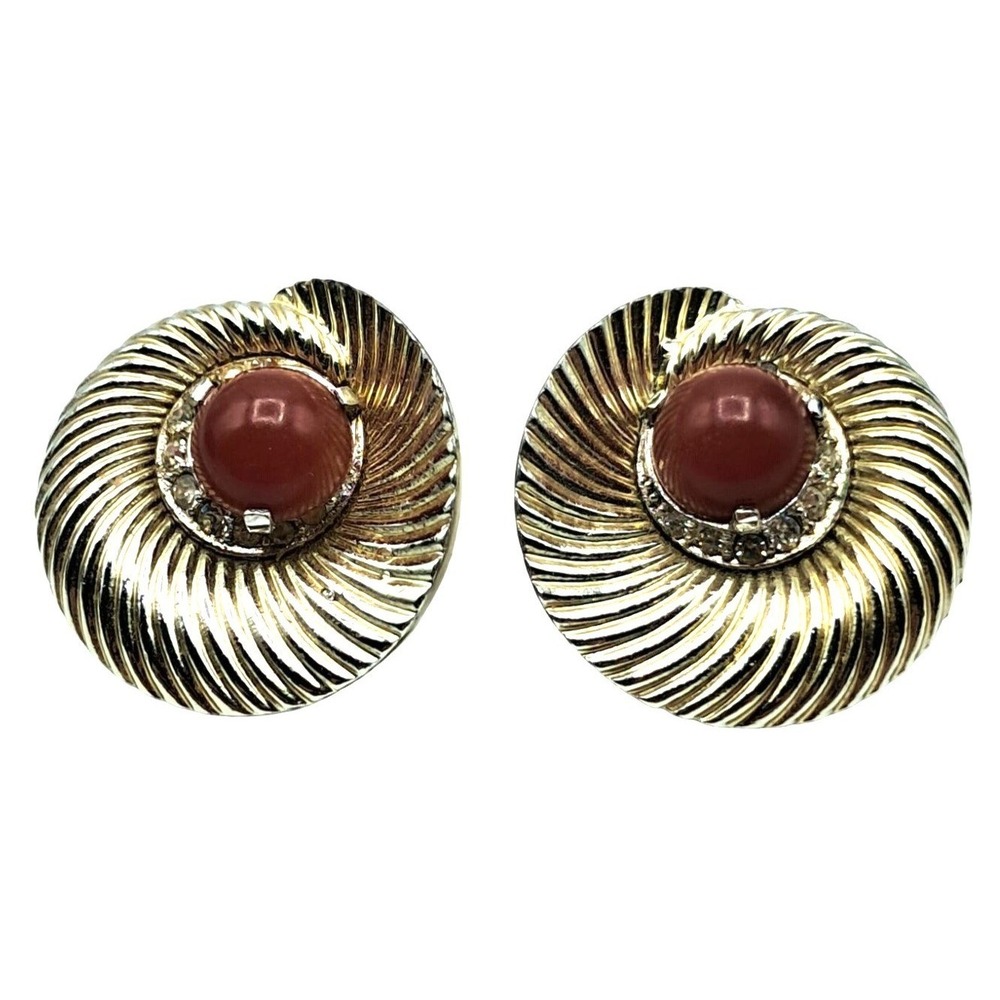 Vintage Boucher Earrings Clear Rhinestones Carnelian Colored Glass Cabochons Sig